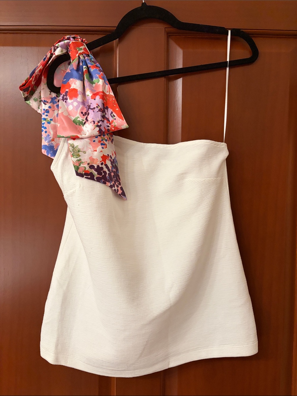 Maeve White One-Shoulder Tank with Multicolor Floral Bow